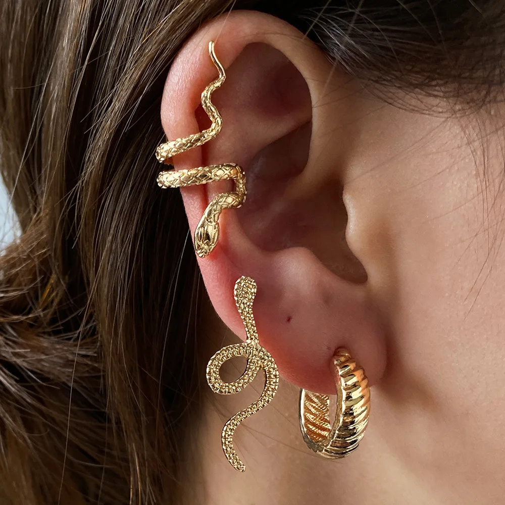 

3PC Brass Snake Earing Clips Without Piercing Punk Non Pierced Clip Earrings Ear Cuffs for Women Men Black Fake Piercing Jewelry