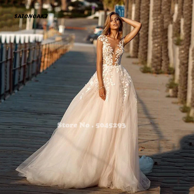 

Ivory Tulle Wedding Dresses Boho V Neck Lace Appliques Vintage Beach Bride Gowns Princess Custom Made Vestido De Novia Sukienki