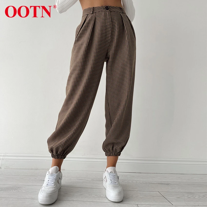 

OOTN Plaid Casual Cargo Pants Women Loose High Waist Pleated Zipper Streetwear Autumn Trousers Lady Plain Sport Trendy Pants