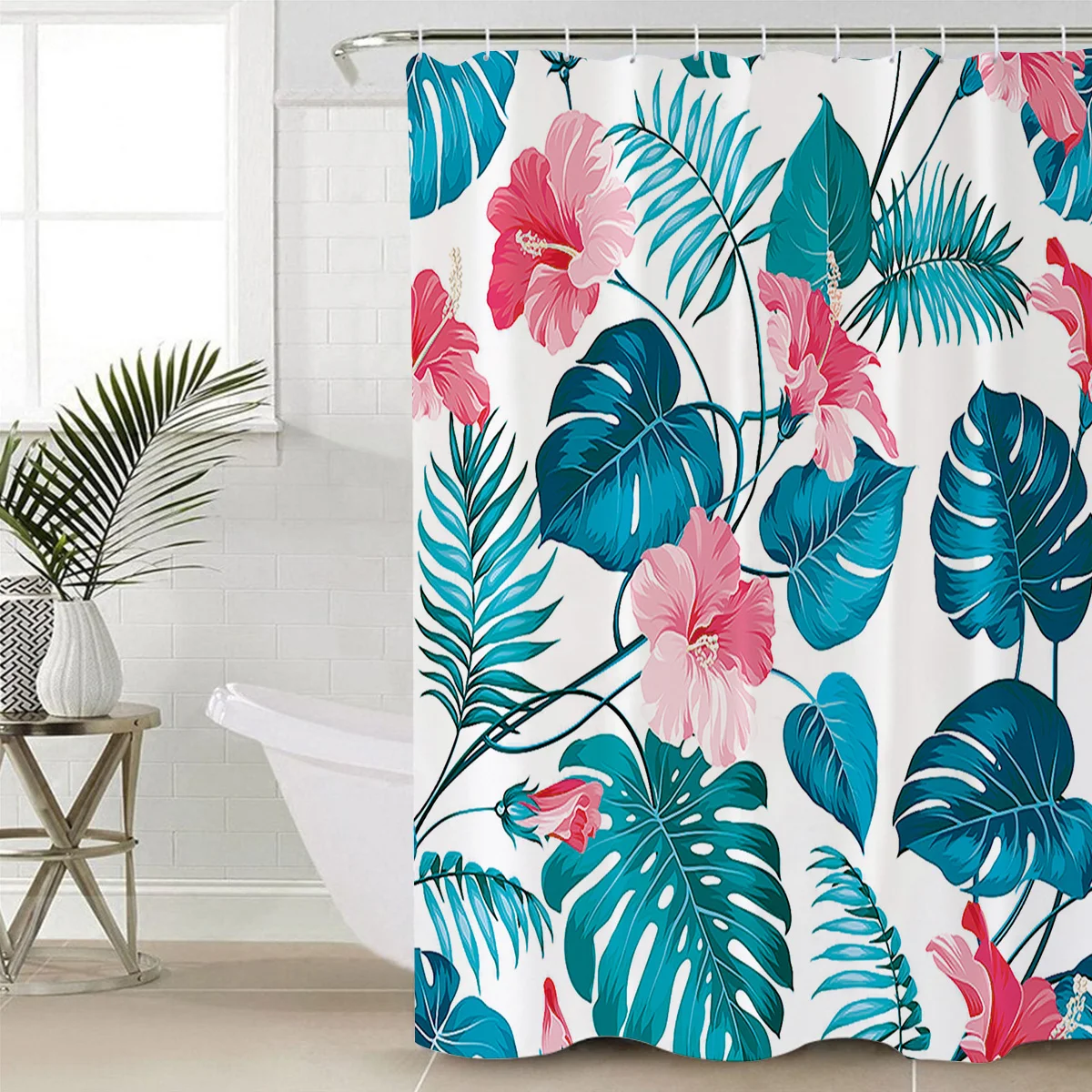 Red Flowers With Large Leaves Seamless Pattern Hook Shower Curtain for Bathroom Decoration | Дом и сад