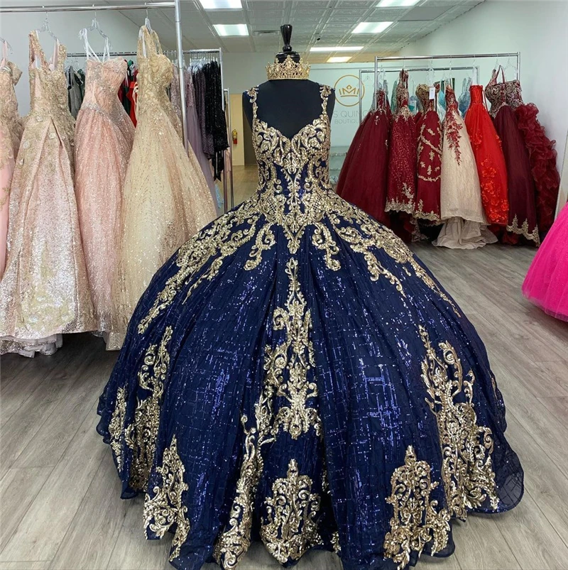 

Темно-синее бальное платье, платья для Quinceanera с рукавами, с золотыми кружевами и аппликацией, милое платье 16, вечернее платье, платье принцес...