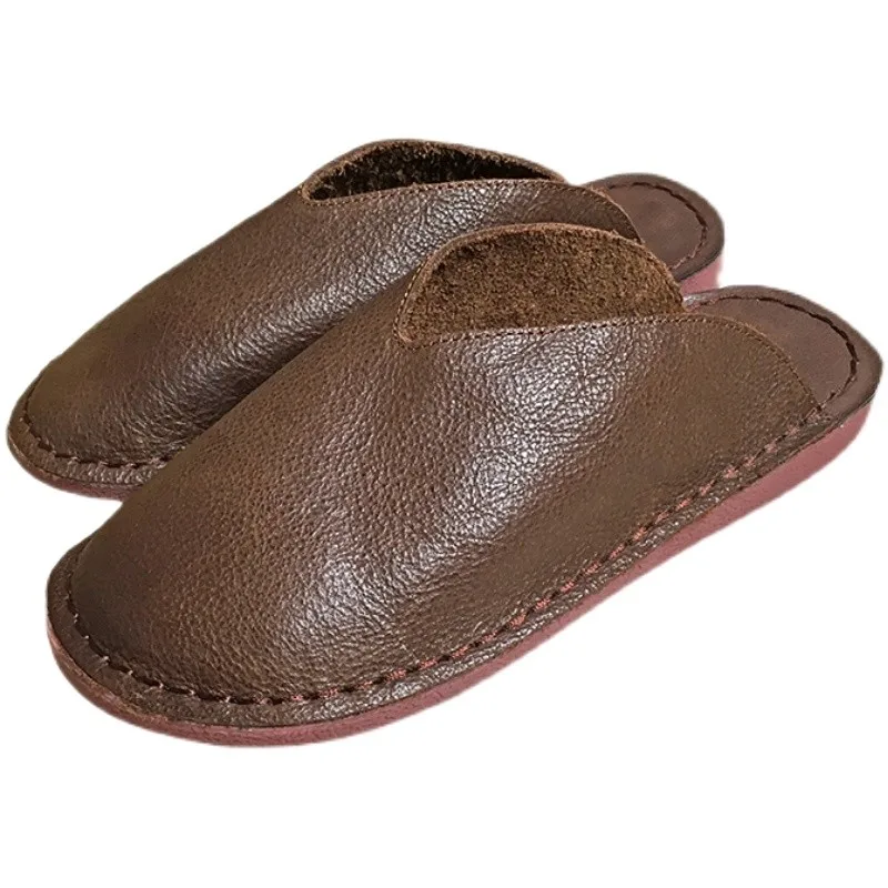 

Outside Slipper Casual Genuine Leather Womens Slides Round Toe Mules Flats Soft Sole Cow Leather Slippers Female Summer Shoes