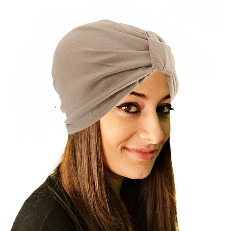 

New Spring Soft Solid Color Cotton Turban Hats Headband Wrap Chemo Bandana Hijab Double-Layered Knot Pleated Indian Caps Beanies