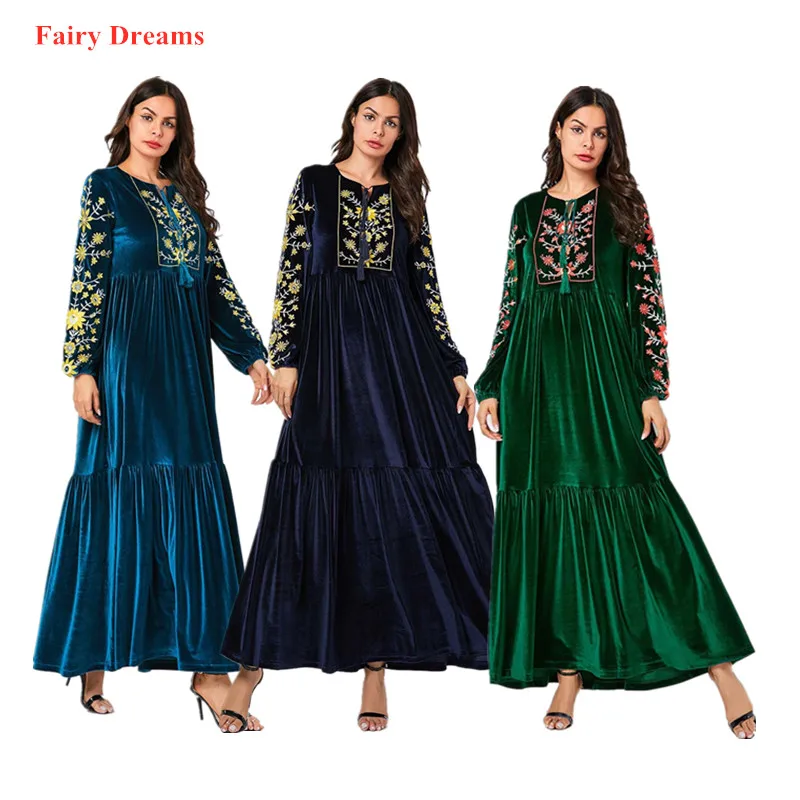 Женское платье кафтан с вышивкой арабское мусульманское макси из бархата абайя