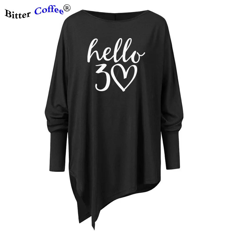 

Hello Heart Print T-shirts Women Shirts Tshirt Women Casual Womans Clothing Long Sleeve Cotton Irregular Tee Woman Plus Size