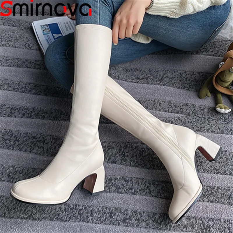 

Smirnova 2020 New arrival knee high boots top quality women boots thick high heels square toe solid color ladies shoes