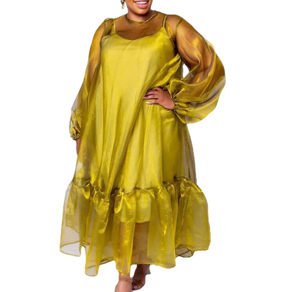 

2021 Women's Dress Round Neck Sexy Perspective Chiffon Ruffle Loose Casual Lined Oversize African Western Style Long Sleeve