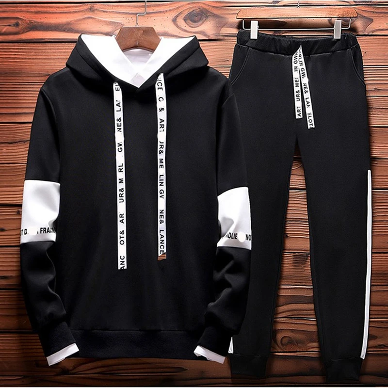 

Spring Autumn Colorblock Men's Sweatshirt suit Fashion Casual Men's pullover Cotton High Quality Men's Hooded pants 2 piece set