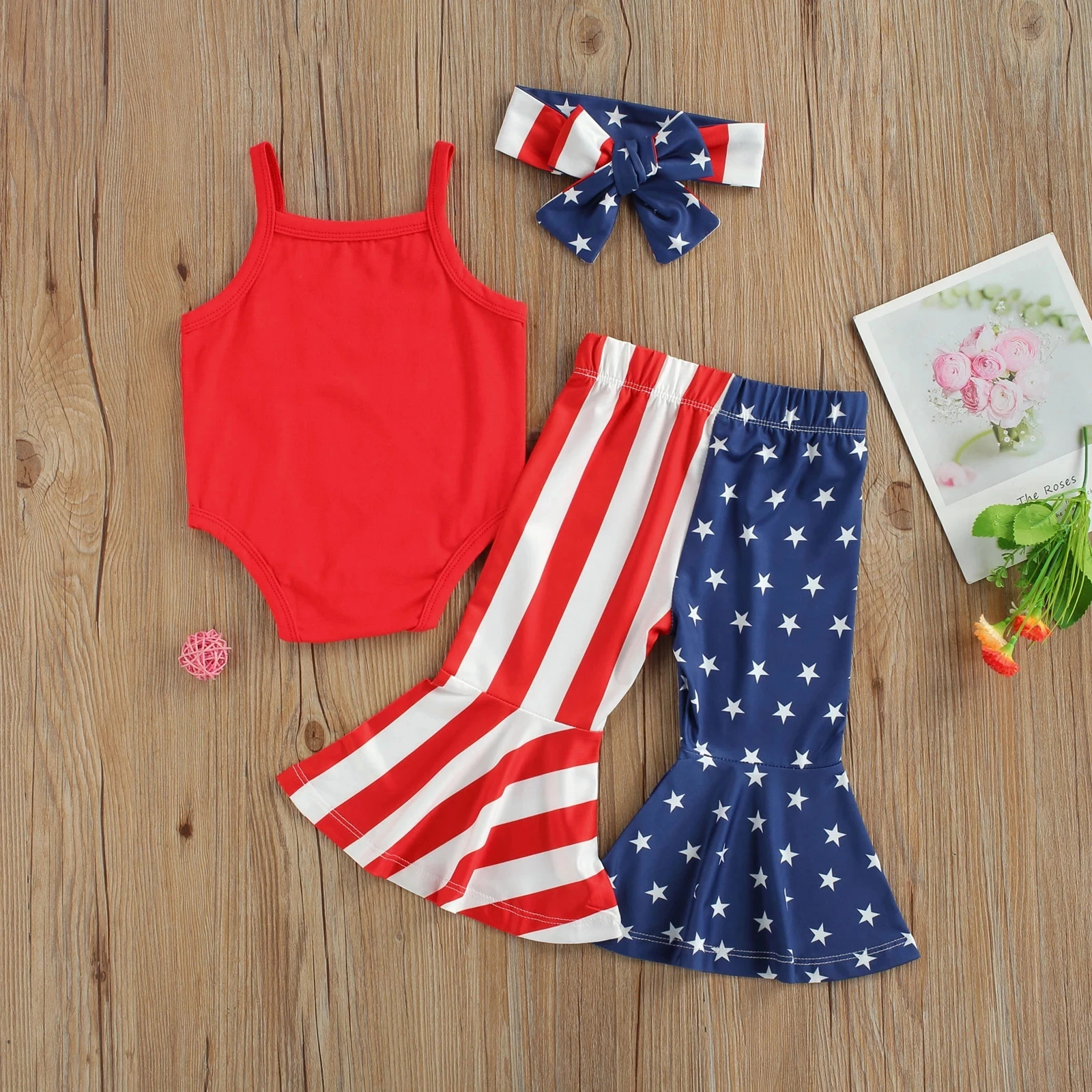 

3Pcs Baby Independence Day Outfit, Solid Color Spaghetti Straps Romper + Star Stripe Flare Trousers for Newborn Girls
