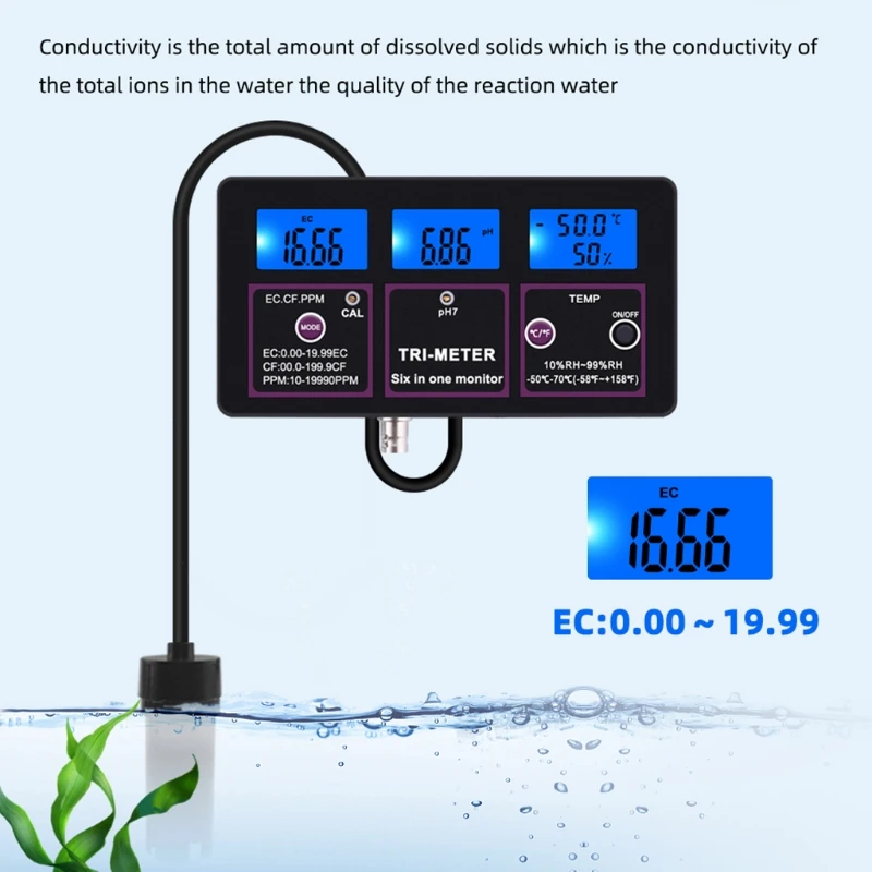 

6 in 1 Multi-parameter pH/ ORP/ EC/ CF/ TDS PPM/ Temperature Combo Tester Meter 35EC