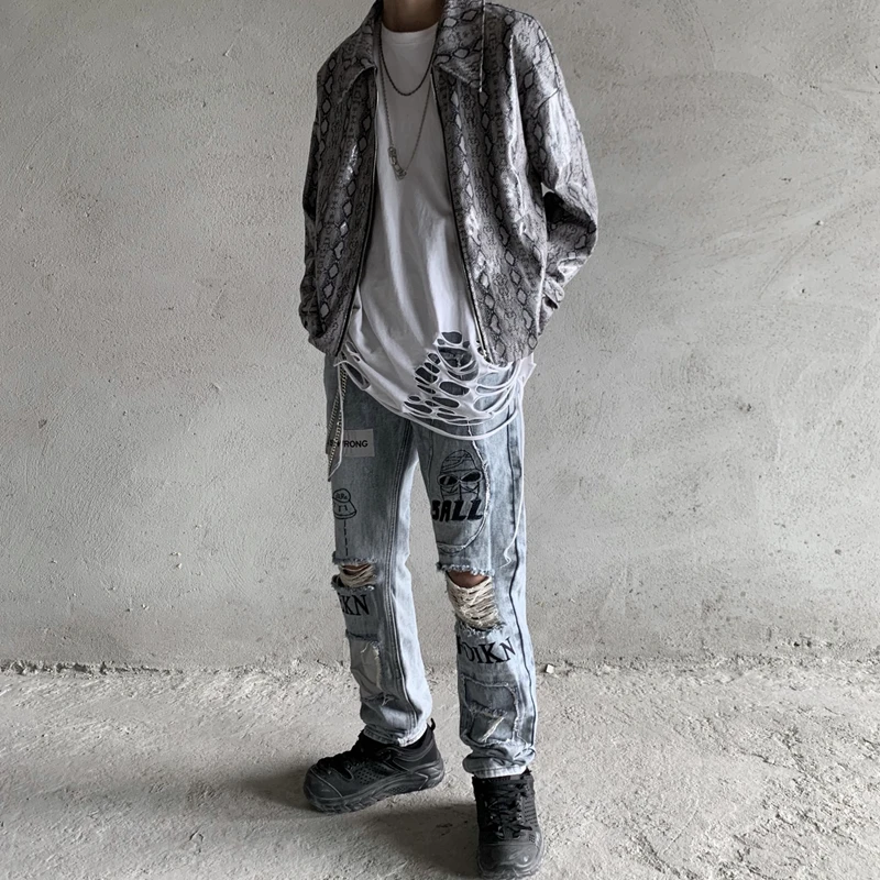 Мужские светильник сы с вырезами на коленях С Вышивкой Букв|Мужские джинсы| |