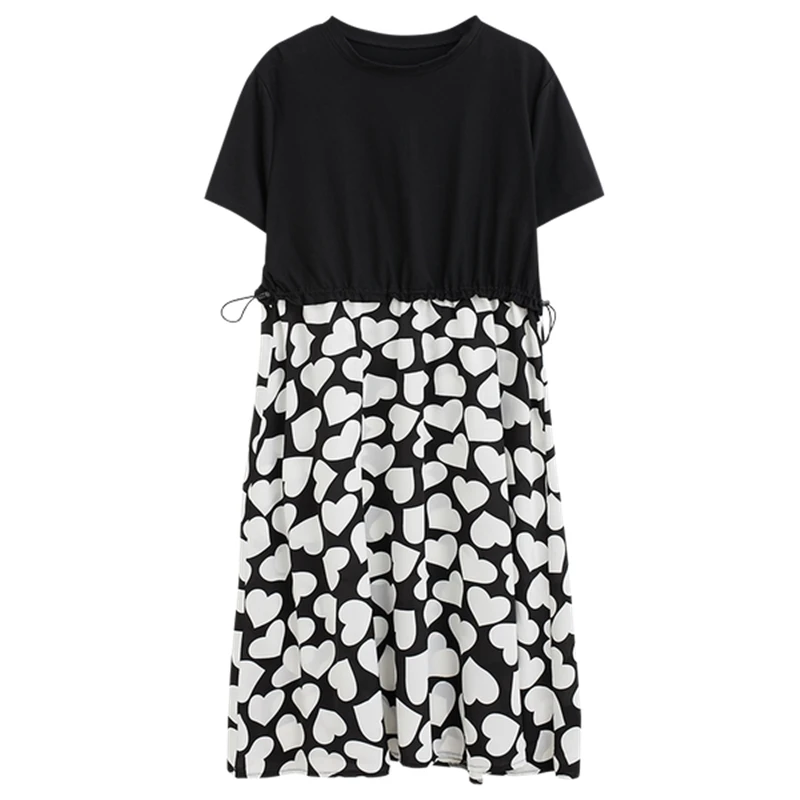 

BIG SIZE Summer Women Fashion Elegant Heart Print Spliced Tops Lady Female Plus Large Short Sleeve Drawstring Casual Slim Dress