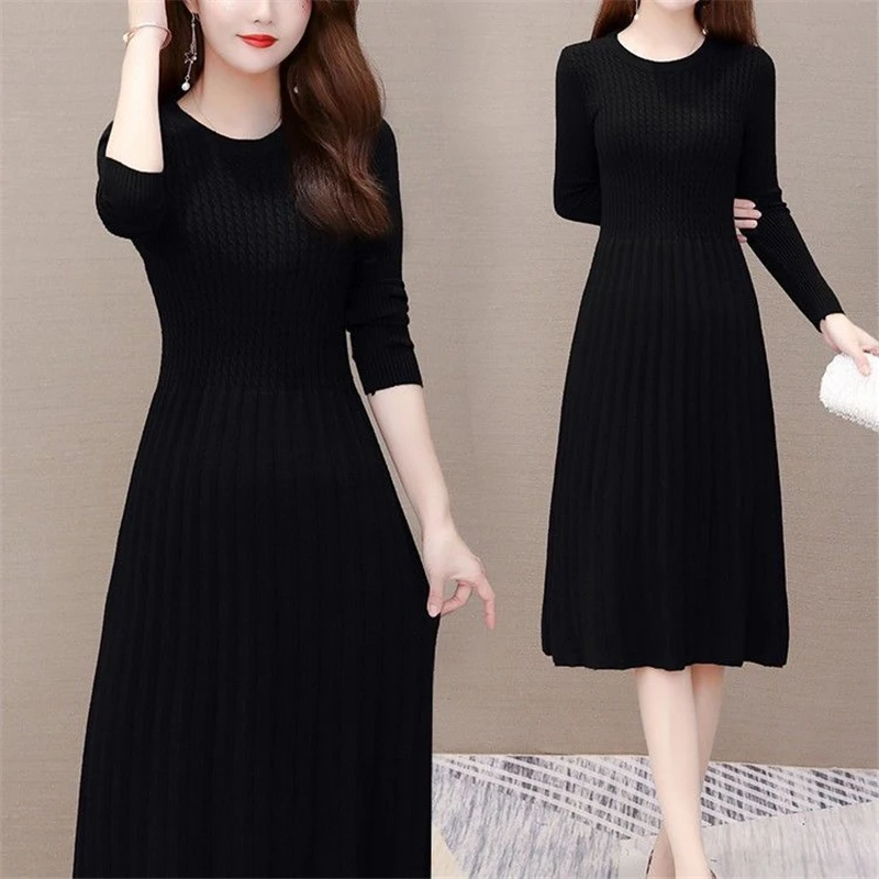 

Korean Style O-Neck Elastic Tight Slinky Knitted Dress Fashion Screw Thread Long Sleeve Dresses Casual Slim Knee-Length Dress