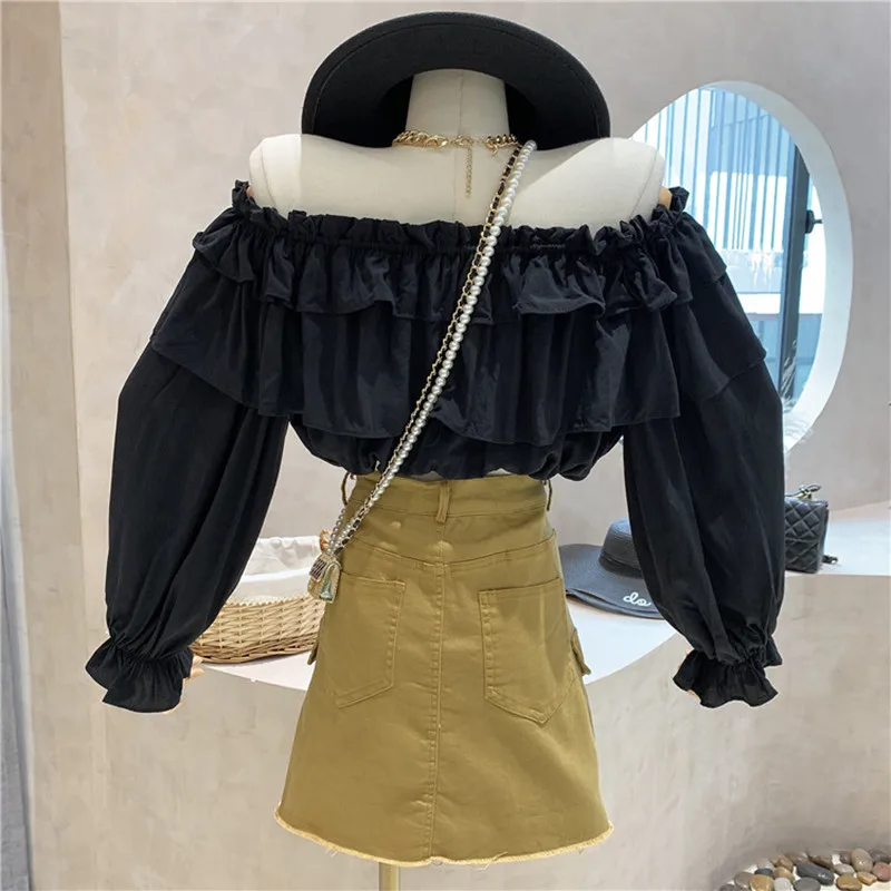 

New Women's Clothing Summer 2021 Off Shoulder Ruffle long sleeve shirt + high waist denim skirt Two piece set