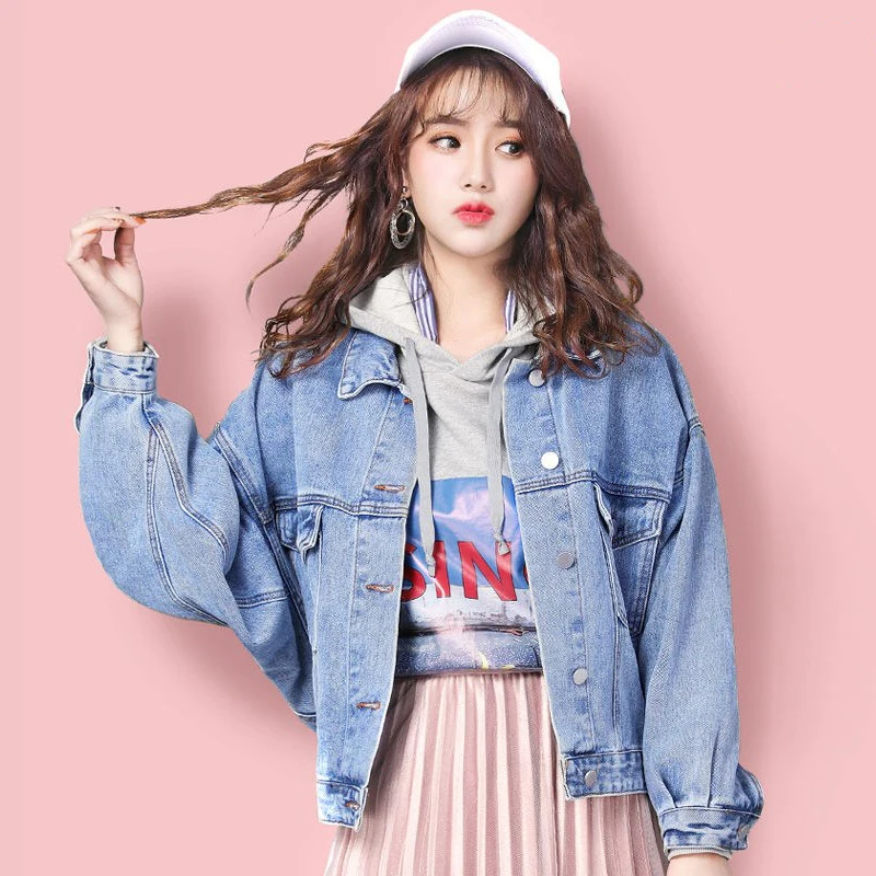 

Студенческая Модная Ковбойская короткая куртка, свободная Корейская джинсовая куртка с длинным рукавом, топ на весну и осень, повседневная ...