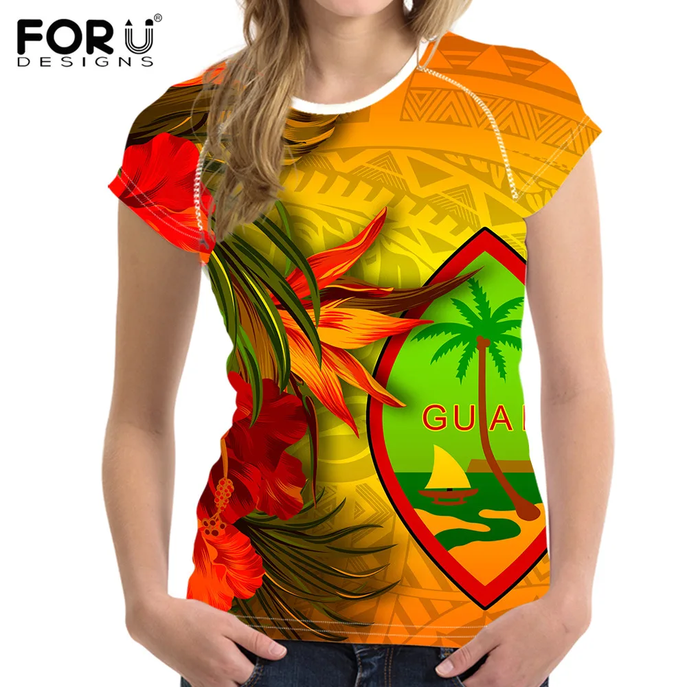 

FORUDESIGNS/Тропический цветочный полинезийская Гуам Женская Летняя Повседневная дышащая женская одежда, модная футболка с круглым вырезом с ко...