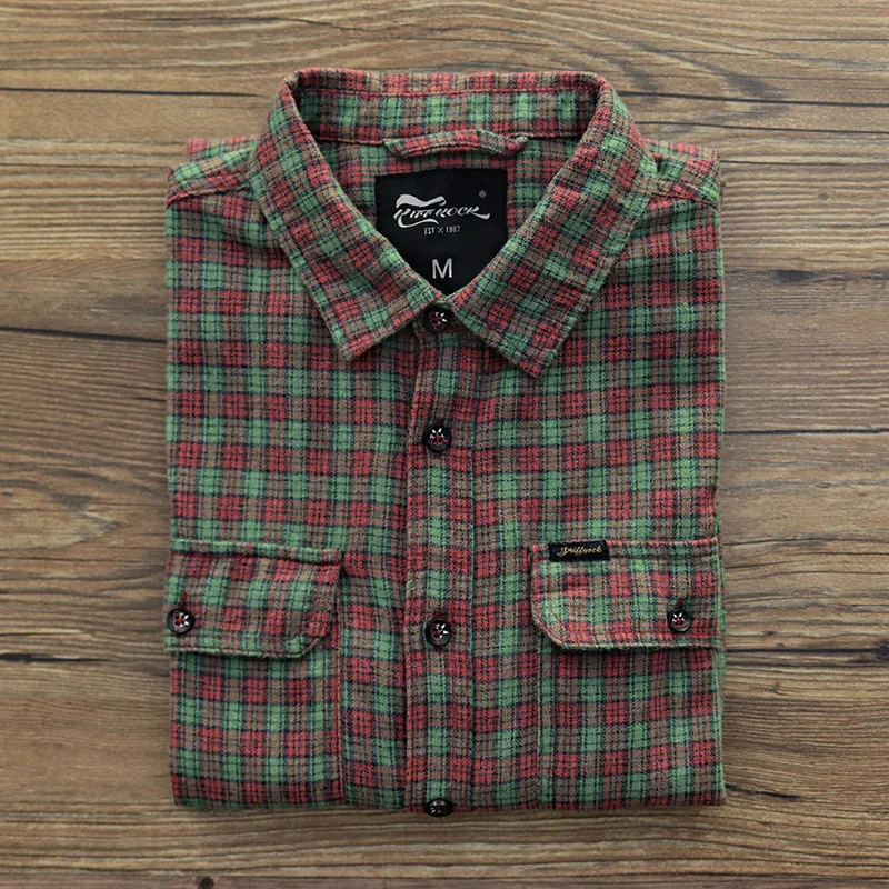 Рубашка Мужская Фланелевая в клетку повседневная с двумя карманами зеленая