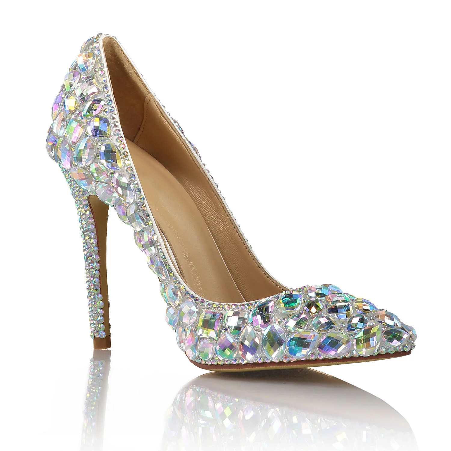 

Fashion high heel single shoes colorful glass drill wedding dress thin heel pointed sexy show shoes