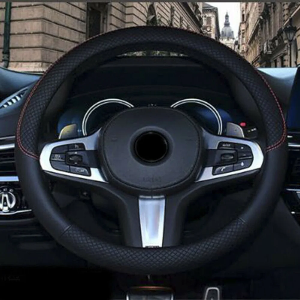 

Inner Steering Wheel Cover Black+Red Accessories Microfiber Leather 37.5cm