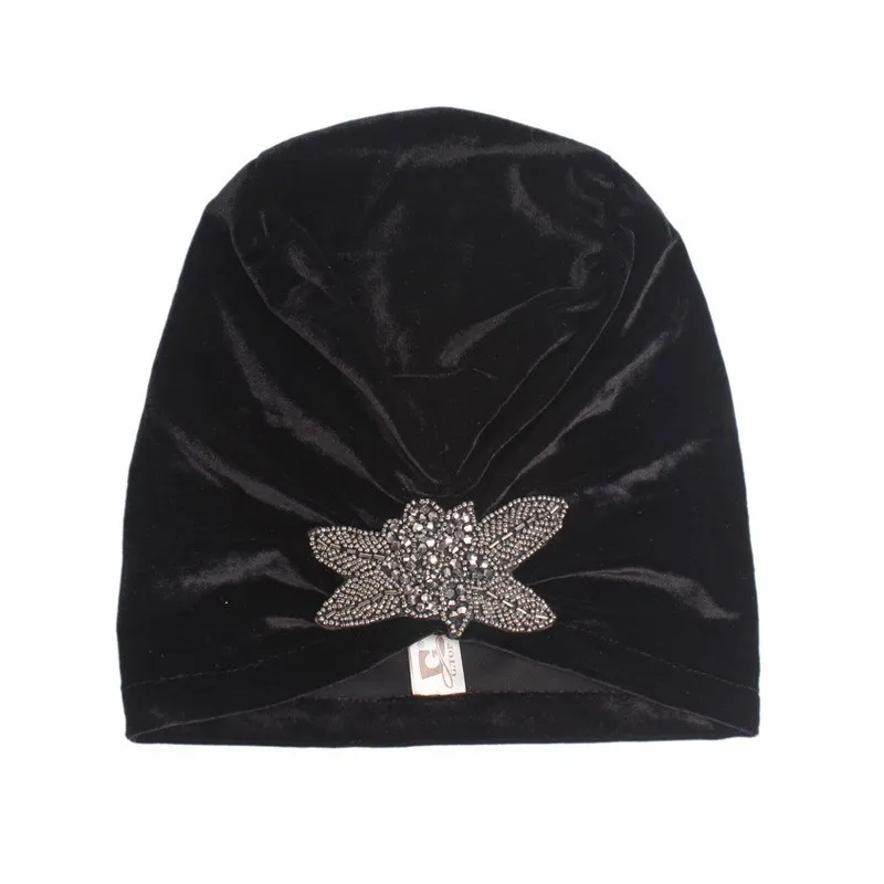 

2021 New jewelry velvet turban caps muslim rhinestone hijab scarf bonnet women headband turbans islamic wrap head scarves