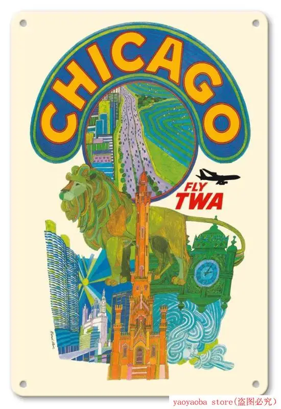 Винтажная жестяная вывеска-Chicago Illinois - Fly TWA (Trans World Airlines) от Дэвида клена