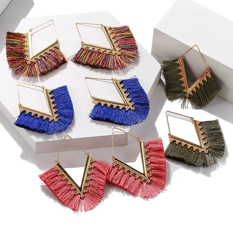 2019 новый V Дизайн серьги с кисточками геометрические Висячие красочные богемные
