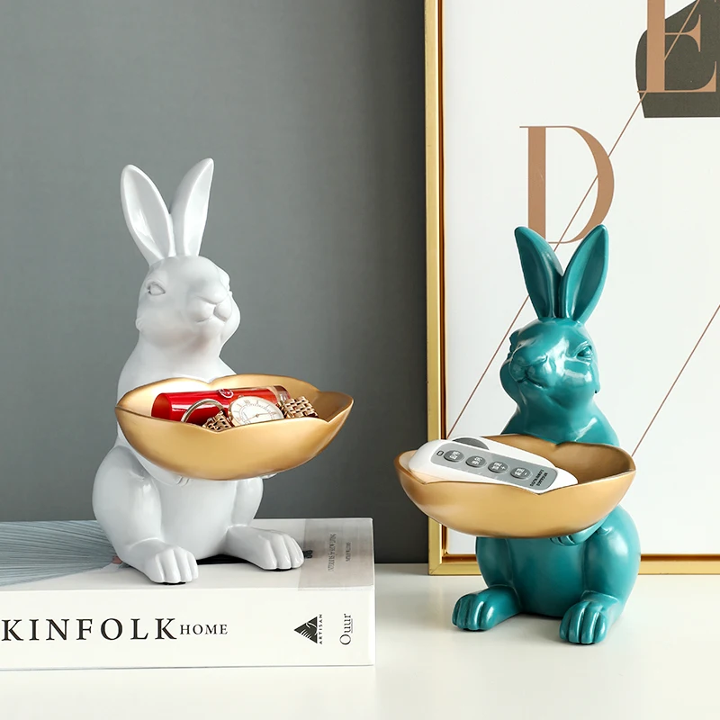 

Resin Rabbit Statue with Bowl Key Storage Box Accessories Desk Office Decoration Desk Hotel Home Decoration Jewelry Dish