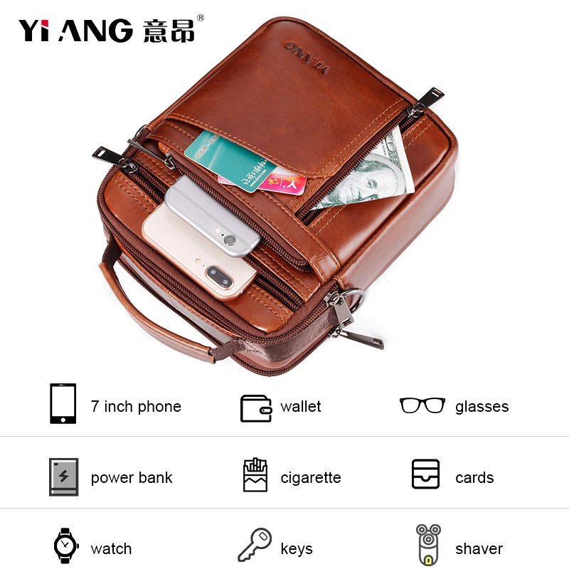 YIANG Brand Most Popular Real Cow Leather Man's Shoulder Bag Male Messenger Bags Men Small Handbags Genuine Mini New | Багаж и сумки