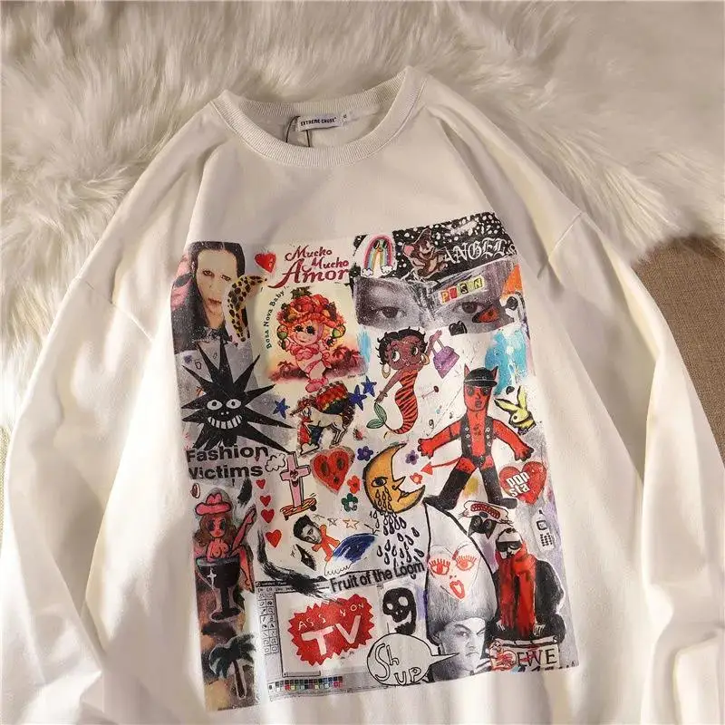 

Свитшот в американском стиле хип-хоп с забавными мультяшными граффити, повседневные топы с длинным рукавом, новинка 2021, модная уличная одеж...