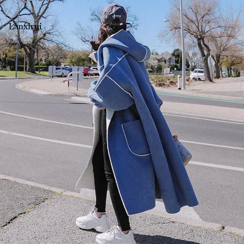 

Winter Oversized Hooded Parka Women New Lamb Wool Blue Loose Overcoat Thicken Warm Cottom Padded Long Jacket Outwear Female
