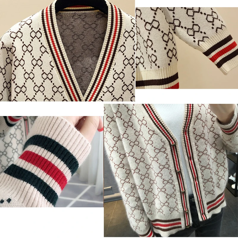 

Knitted Cardigan Plaid sweater American style Woman Warm Winter 2020 Clothe Sexy High quality V Neck Single Breasted Coat Jacket
