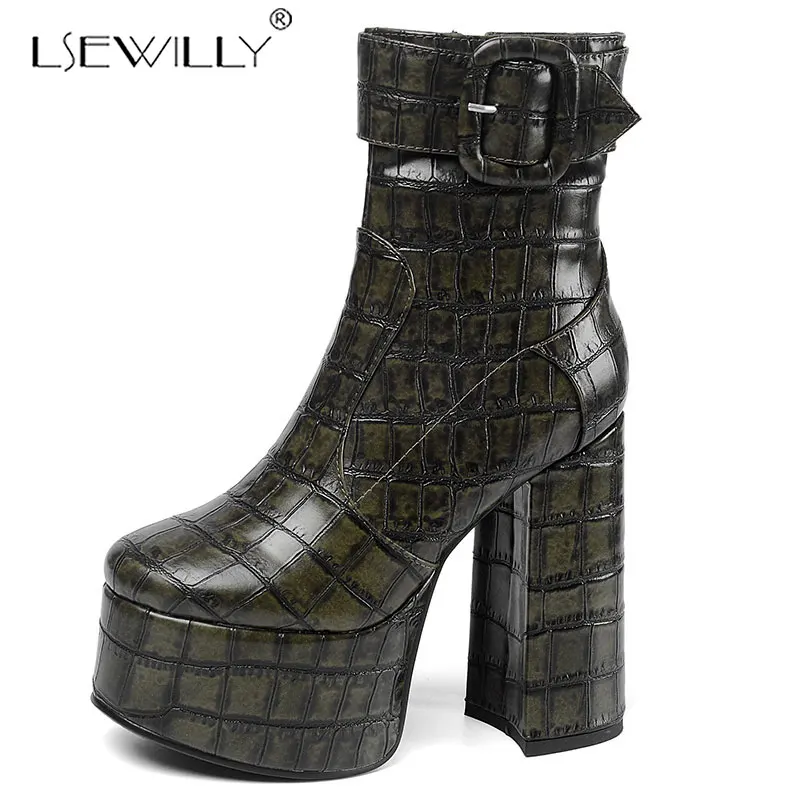 

Lsewilly Thick Square Chunky Heel Platforms Runway Gothic Shoes Women Buckle Crocodile Pattern Microfiber Leather Ankle Boots