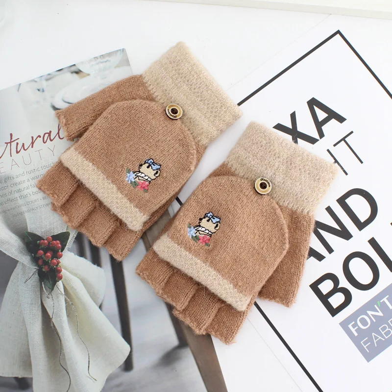 

Women Cartoon Bear Embroidery Fingerless Gloves Female Wool Winter Mitten Knitted Thick Warm Flip Half Finger Gloves For Workout