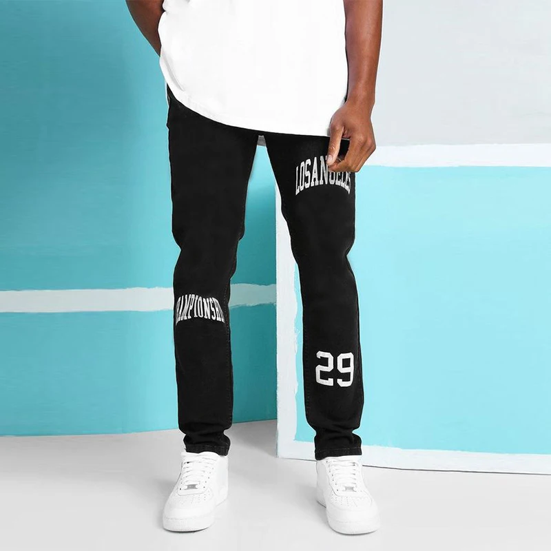 

Mens Black Jeans Fashion Letter Print Design Vintage Slim Pencil Pants Casual Elasticity Biker Street Cozy Thin Denim Trousers