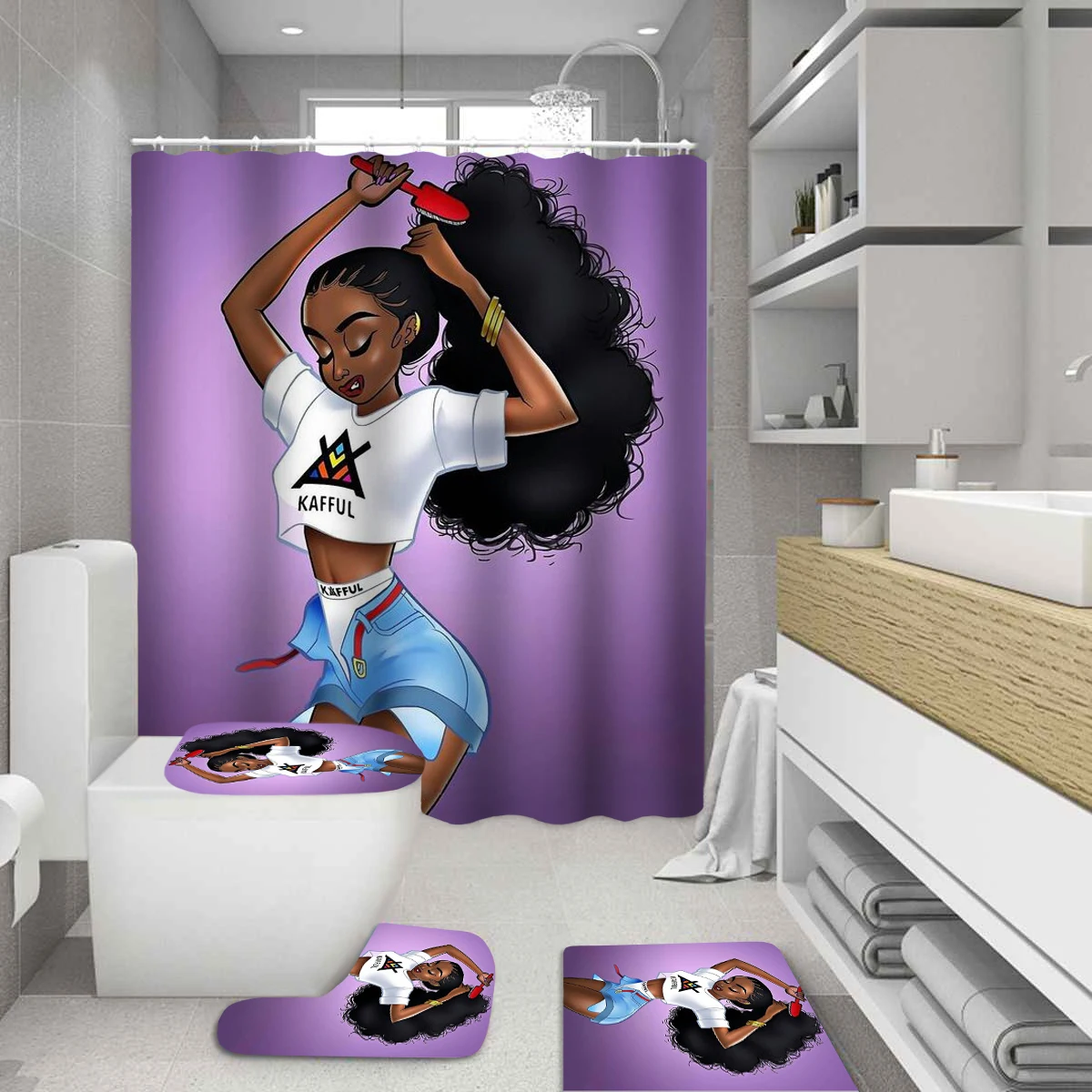 Занавеска для душа и ковер ванной комнаты с 3D принтом купания девушки
