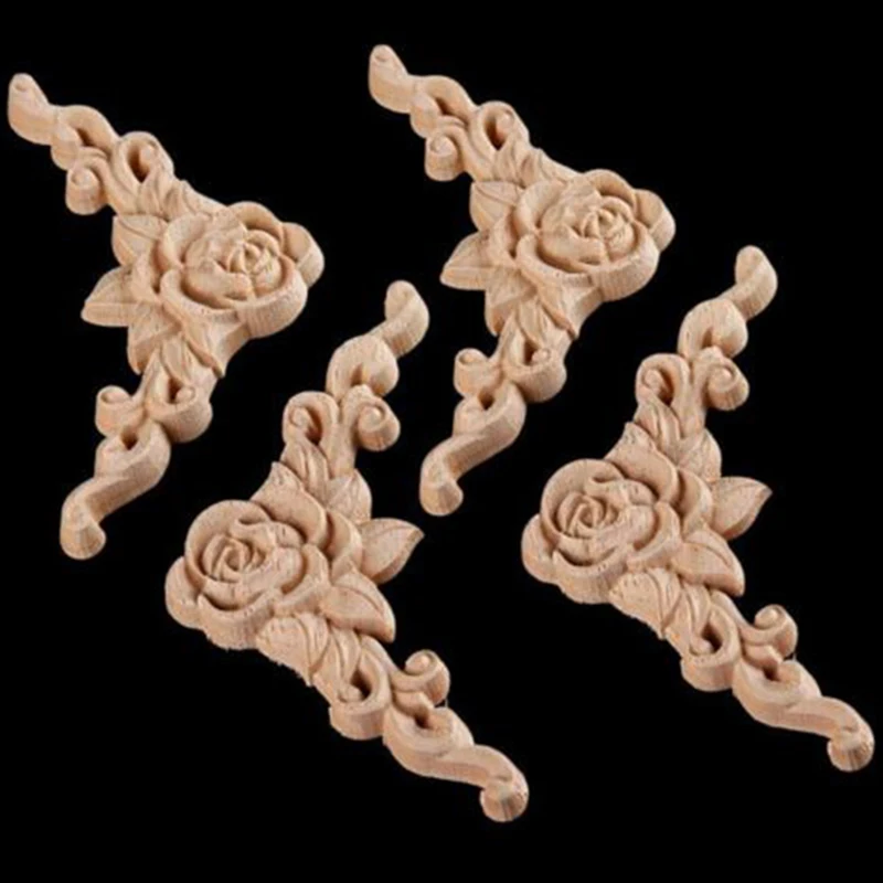 

4Pcs 8X8cm Floral Wood Carved Decal Corner Applique Decorate Frame Wooden Figurines Cabinet Door Decorative Crafts