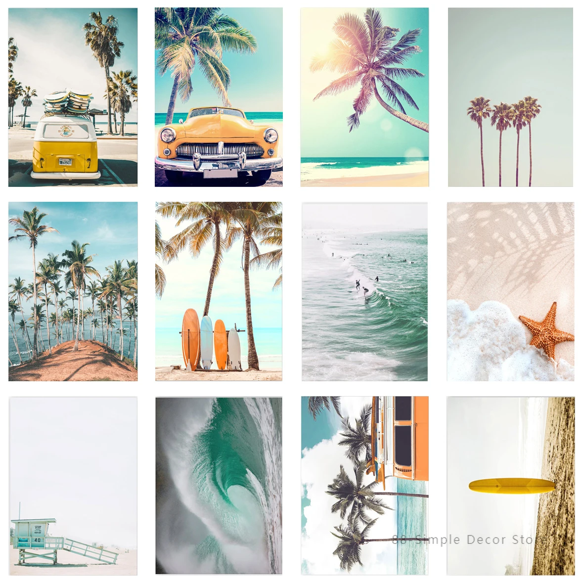 

Гавайский синий морской пейзаж, кокосовые деревья, волны, пляж, желтый автомобиль, пейзаж, живопись, настенная печать и постер, украшение для...