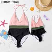 summer beach swimsuits mom and daughter patchwork backless one piece bandage matching family swimwear mommy and me clothes