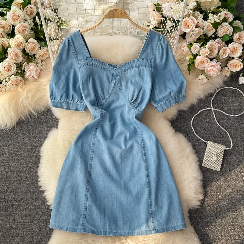 

Square Collar Puff Short Sleeve Denim Dress 2021 Summer Backless High Waist Hollow Out Patchwork Women Thin A-Line Vestidos