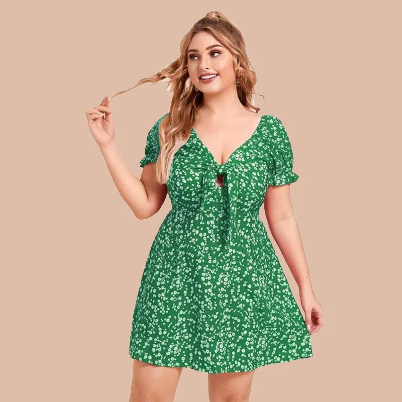 

Green Floral Plus Size Sundresses Women 2021 Large Size Ladies Summer Clothes A-Line V-Neck Short Sleeve Beach Midi Dress Girl