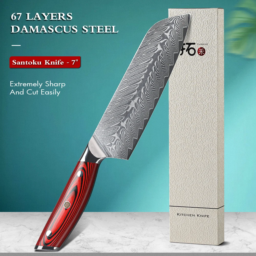 TURWHO 7'' inch Santoku Kitchen Knives 67 Layers Damascus Steel Chef Knife G10 Handle Dealing with Meat Fruit Vegetables