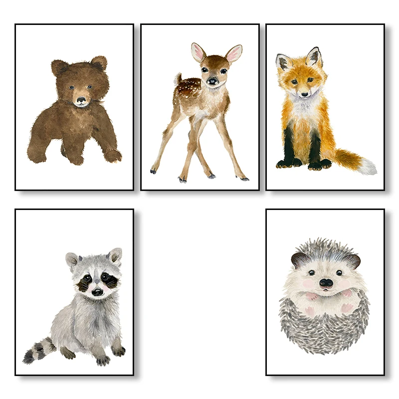 Настенный плакат в скандинавском стиле с изображением акварельных животных
