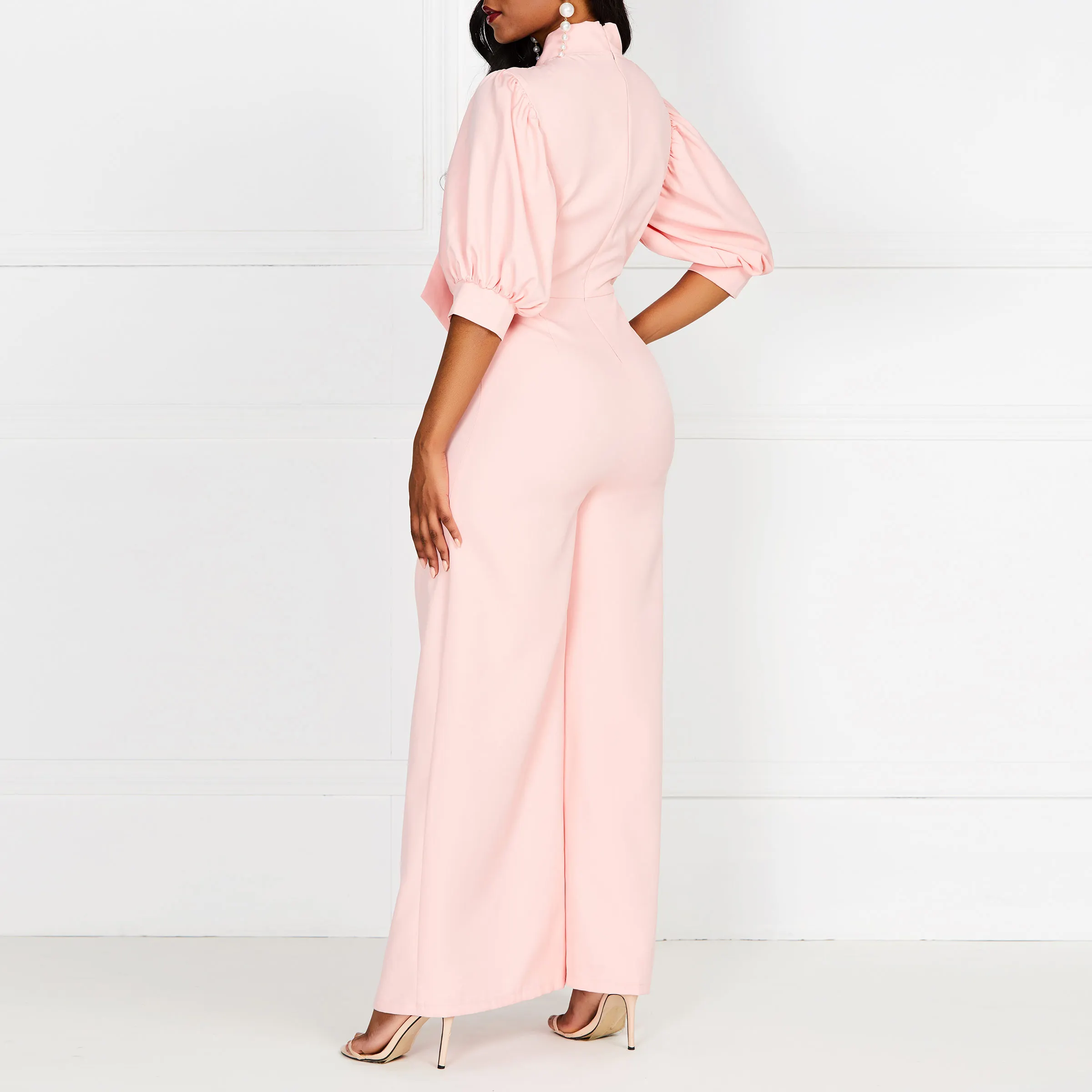 Простой Полный Длина тонкий широкие ноги комбинезон для женщин лук шеи офис леди