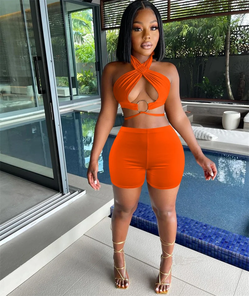 

Thorn Tree Sexy Off Shoulder 2 Piece Set Backless Tank Crop Tops Biker Shorts Women Summer Outfits Hollow Out Beachwear Clubwear