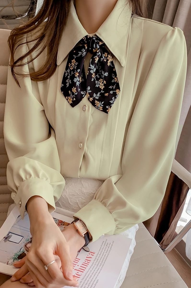 

Houthion Long Sleeve Women's Blouse Solid Color Folds Polo Collar Shirt Korean Fashion Tops Casual Comfortable Chiffon