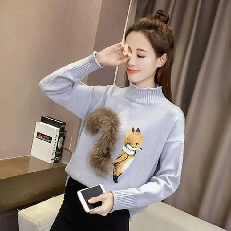 Осенний меховой свитер с рисунком лисы женский джемпер высоким воротом женские