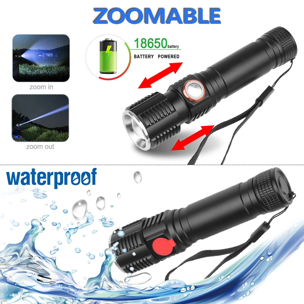 Самый мощный фонарик с подзарядкой от USB супер яркий фонарь светодиодный зумом