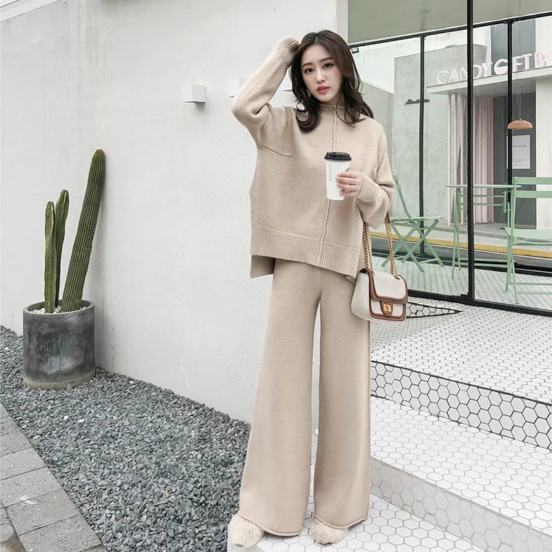 

The drape knitting wide-legged pants suit two-piece women new winter cashmere sweater wide-legged pants western style suits