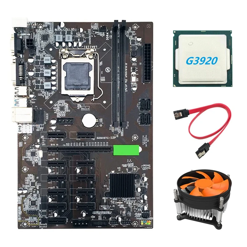 B250 BTC Mining Motherboard with G3920 CPU+Fan+SATA Cable 12XGraphics Card Slot LGA 1151 DDR4 USB3.0 for Miner | Компьютеры и офис