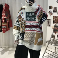 christmas clothing mens sweater large size high neck sweater korean loose knit pullover unisex style embroidery sweater
